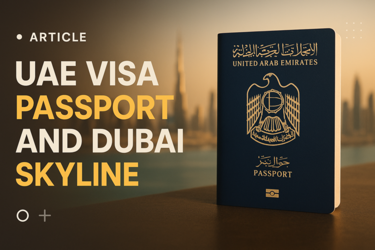UAE visa passport and Dubai skyline, official travel document theme, professional editorial photo style