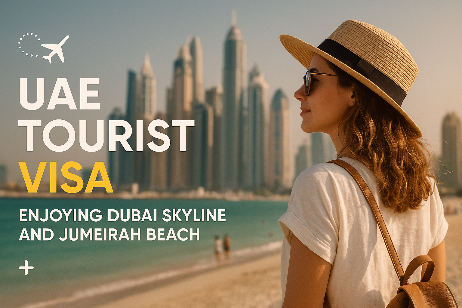 Tourist enjoying Dubai skyline and Jumeirah Beach, UAE tourist visa concept