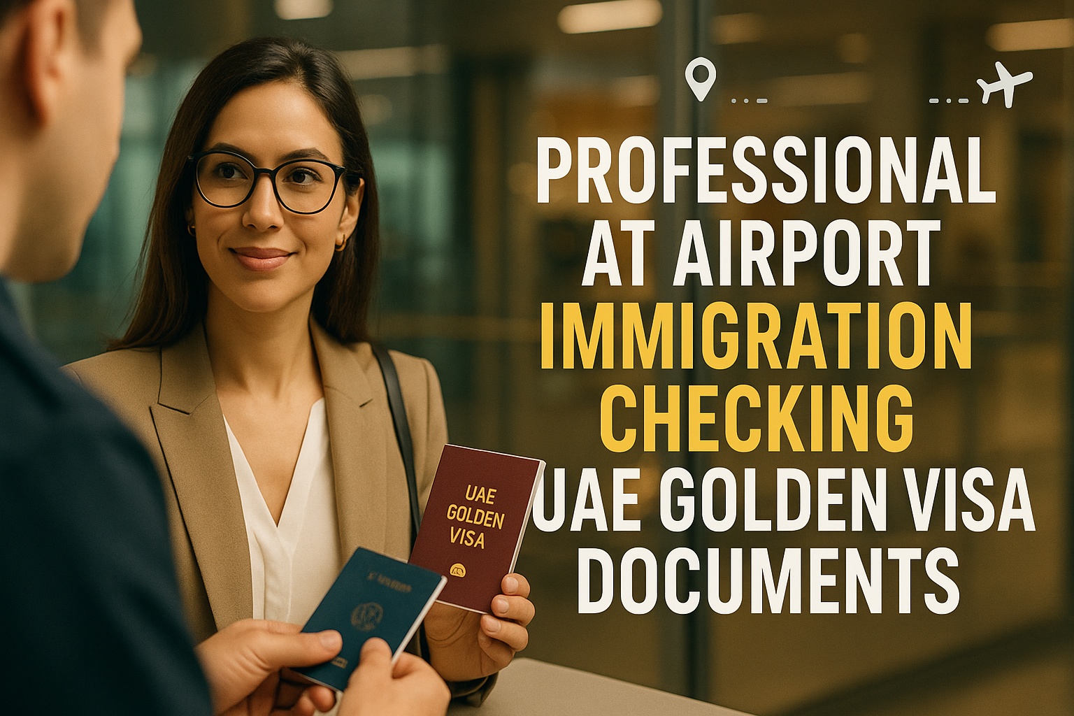 Professional at airport immigration checking UAE Golden Visa documents
